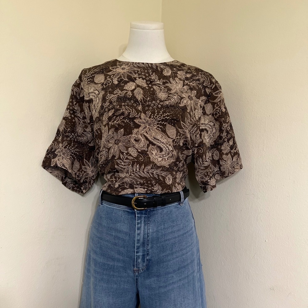 Anna and Frank Silk Blouse Brown Floral Paisley Batik Print Short Sleeve Large